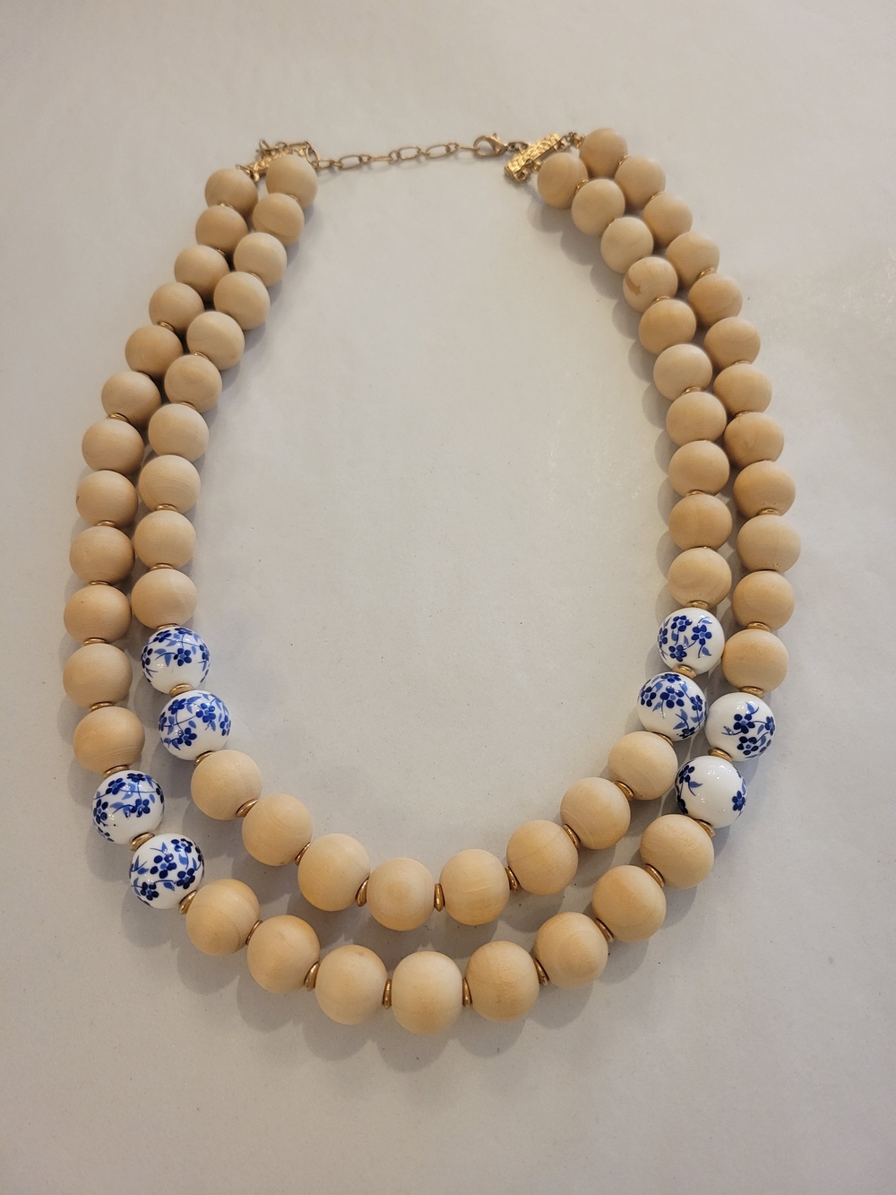 Beaded Double-Strand Necklace with Blue Floral Accent - Beige